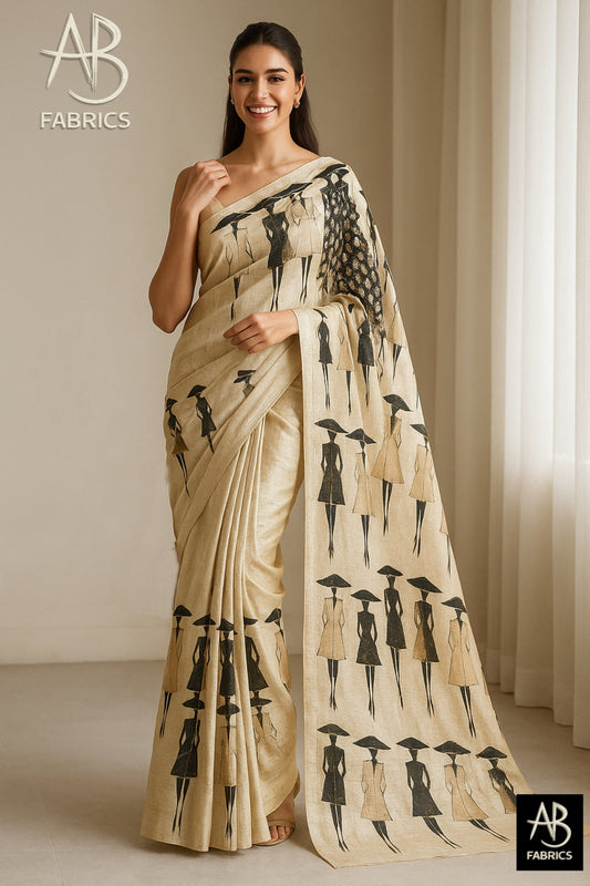 Hand-Printed Pure Tussar Silk Saree FH02