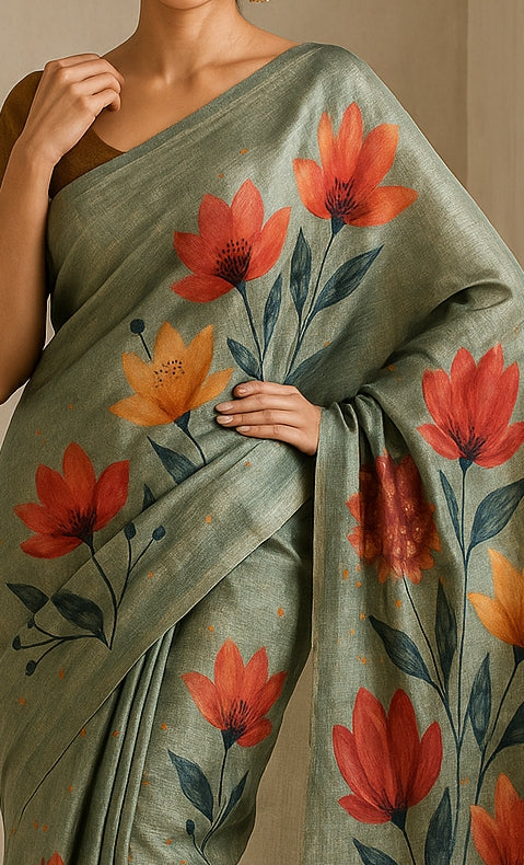 Floral Hand-Printed Pure Tussar Silk Saree FH04