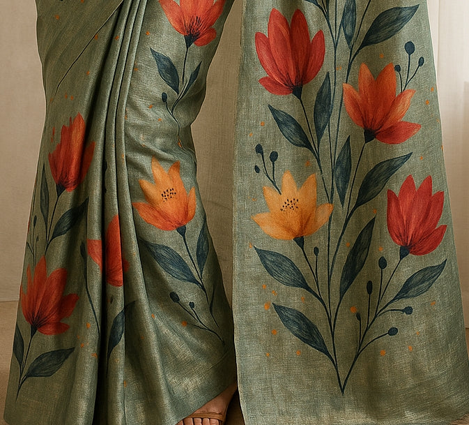 Floral Hand-Printed Pure Tussar Silk Saree FH04