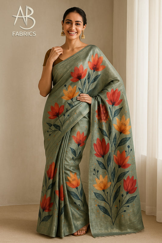 Floral Hand-Printed Pure Tussar Silk Saree FH04