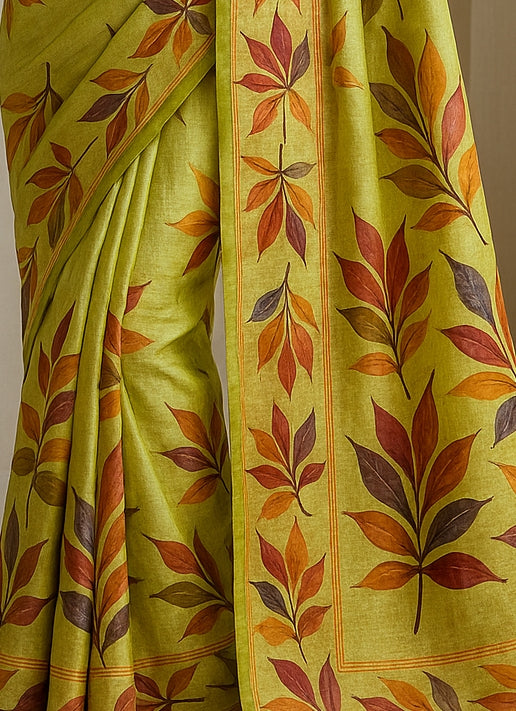 Floral Hand-Printed Pure Tussar Silk Saree FH05