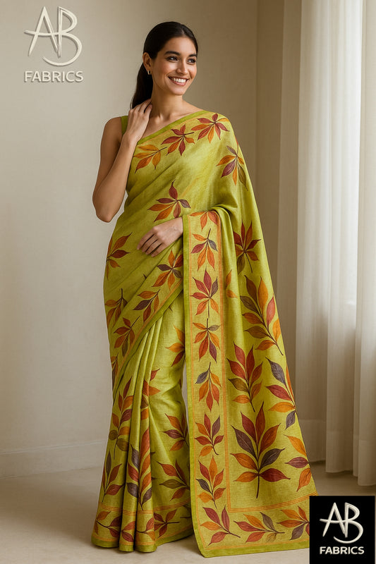 Floral Hand-Printed Pure Tussar Silk Saree FH05