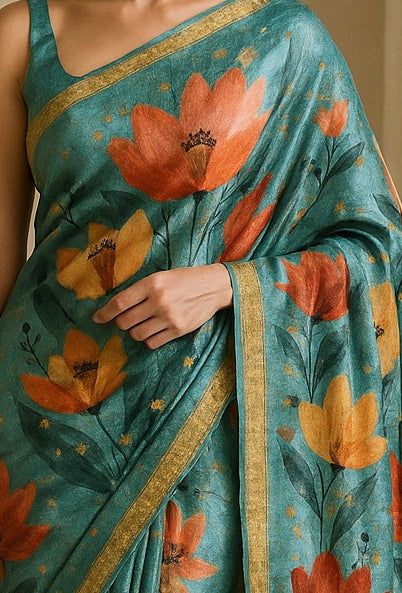 Floral Hand-Printed Pure Tussar Silk Saree FH01