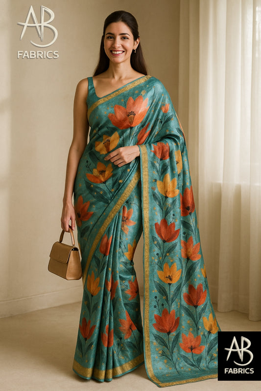 Floral Hand-Printed Pure Tussar Silk Saree FH01