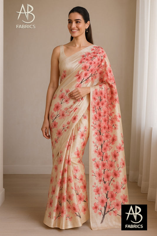 Floral Hand-Printed Pure Tussar Silk Saree FH06