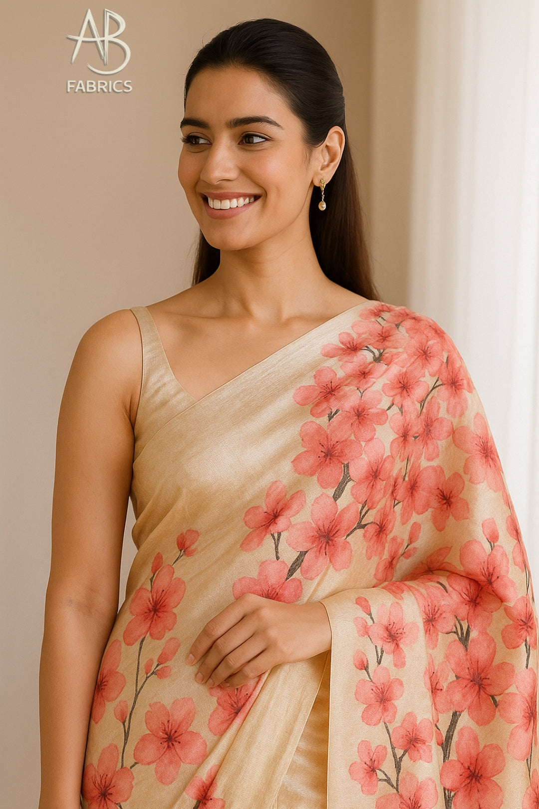 Floral Hand-Printed Pure Tussar Silk Saree FH06