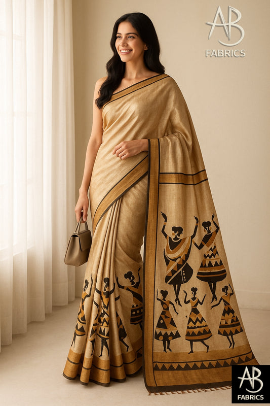 Hand-Printed Pure Tussar Silk Saree FH10