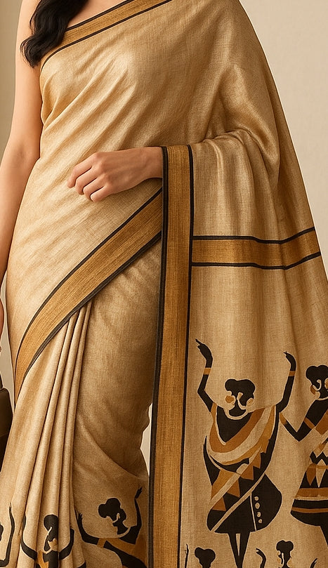 Hand-Printed Pure Tussar Silk Saree FH10