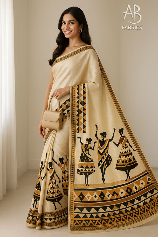 Hand-Printed Pure Tussar Silk Saree FH09