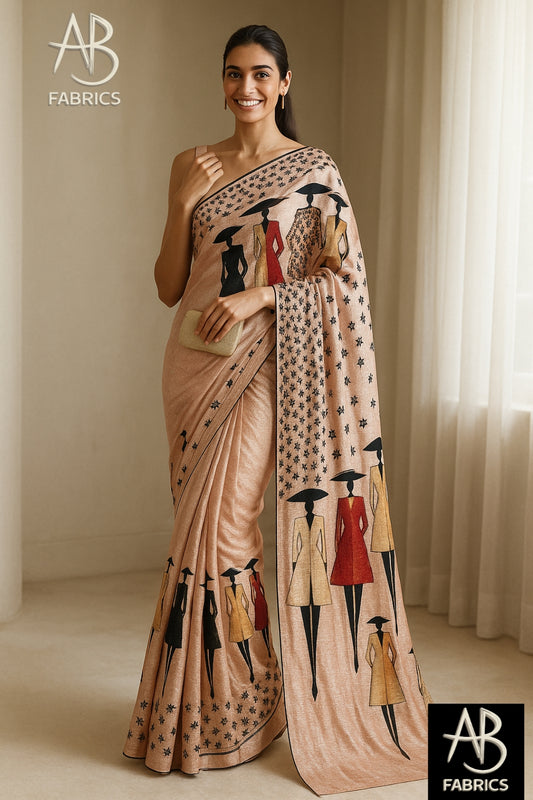Hand-Printed Pure Tussar Silk Saree FH07