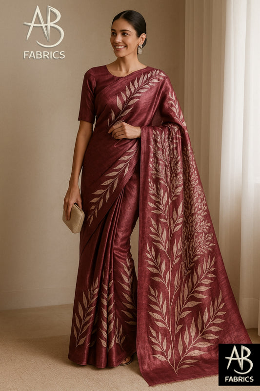 Floral Hand-Printed Pure Tussar Silk Saree FH16