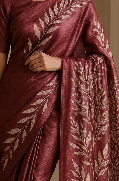 Floral Hand-Printed Pure Tussar Silk Saree FH16