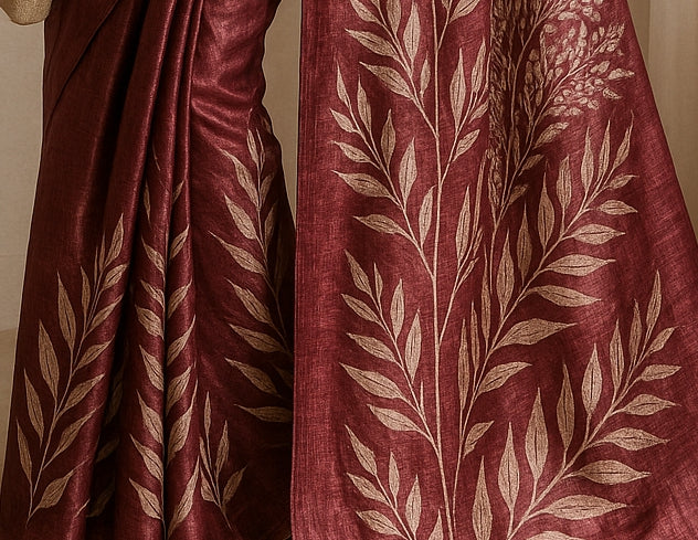 Floral Hand-Printed Pure Tussar Silk Saree FH16