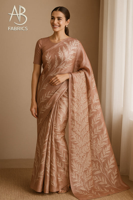 Floral Hand-Printed Pure Tussar Silk Saree FH15