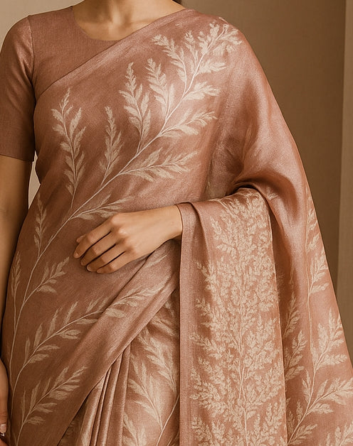 Floral Hand-Printed Pure Tussar Silk Saree FH15