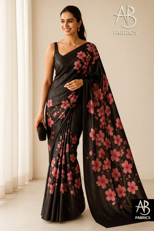Floral Hand-Printed Pure Tussar Silk Saree FH14