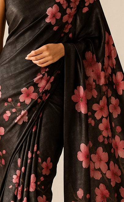 Floral Hand-Printed Pure Tussar Silk Saree FH14