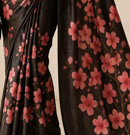 Floral Hand-Printed Pure Tussar Silk Saree FH14