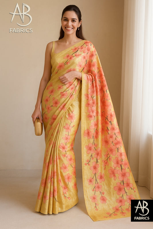 Floral Hand-Printed Pure Tussar Silk Saree FH13