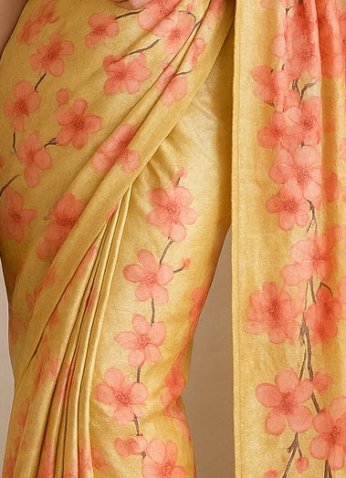 Floral Hand-Printed Pure Tussar Silk Saree FH13