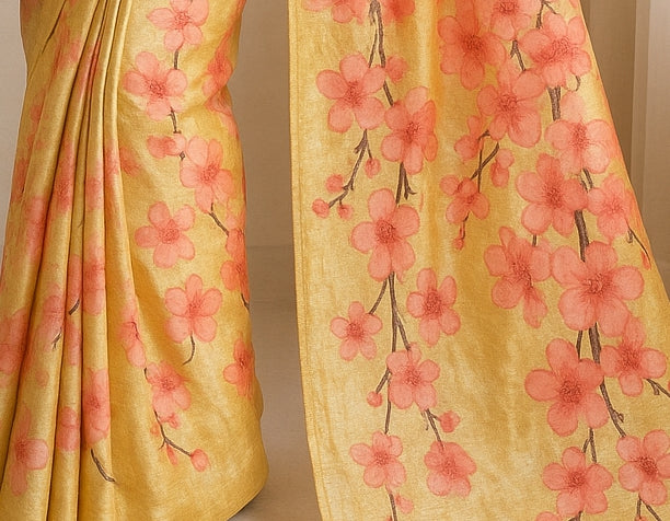Floral Hand-Printed Pure Tussar Silk Saree FH13