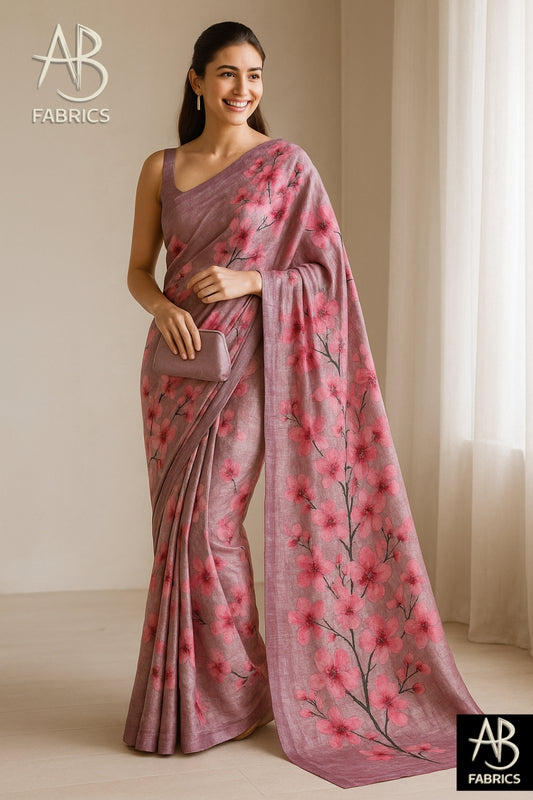 Floral Hand-Printed Pure Tussar Silk Saree FH12