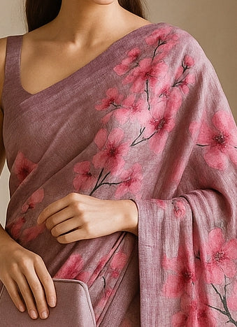 Floral Hand-Printed Pure Tussar Silk Saree FH12