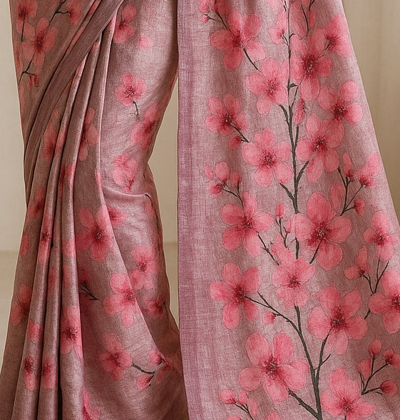 Floral Hand-Printed Pure Tussar Silk Saree FH12