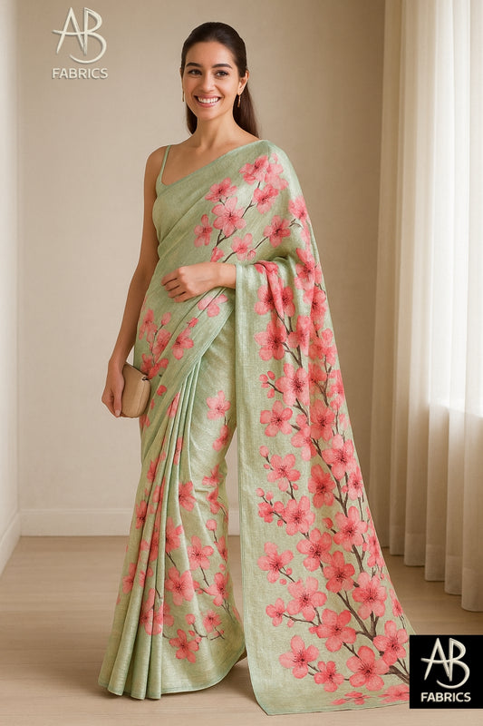 Floral Hand-Printed Pure Tussar Silk Saree FH11