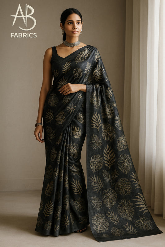 Floral Hand-Printed Pure Tussar Silk Saree FH22