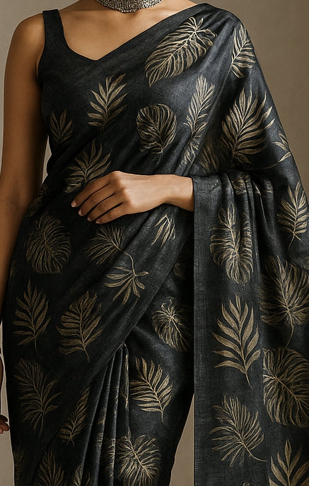 Floral Hand-Printed Pure Tussar Silk Saree FH22