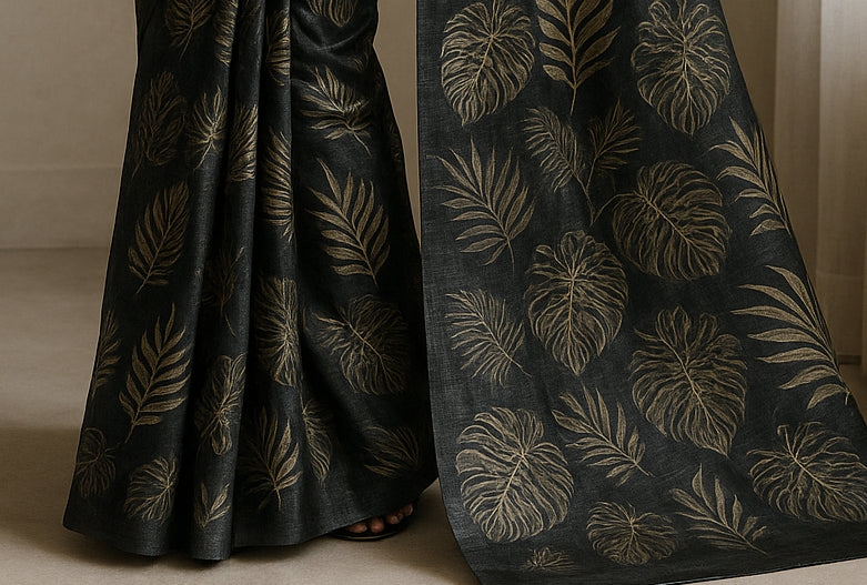 Floral Hand-Printed Pure Tussar Silk Saree FH22