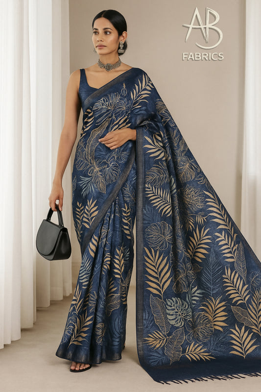 Floral Hand-Printed Pure Tussar Silk Saree FH21
