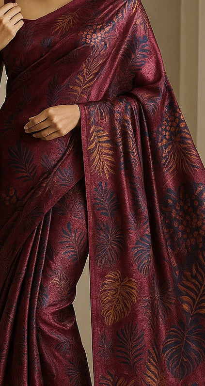 Floral Hand-Printed Pure Tussar Silk Saree FH20