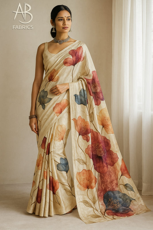 Floral Hand-Printed Pure Tussar Silk Saree FH19