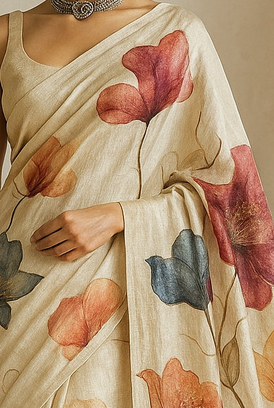 Floral Hand-Printed Pure Tussar Silk Saree FH19