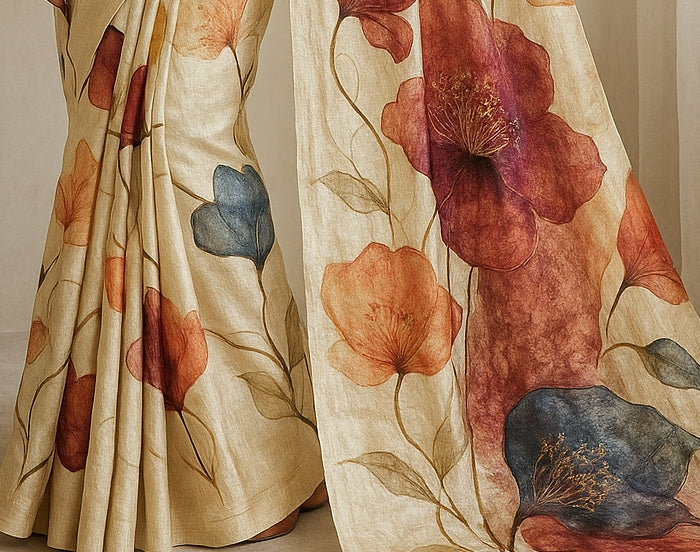 Floral Hand-Printed Pure Tussar Silk Saree FH19