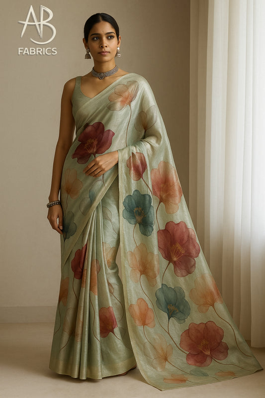 Floral Hand-Printed Pure Tussar Silk Saree FH18