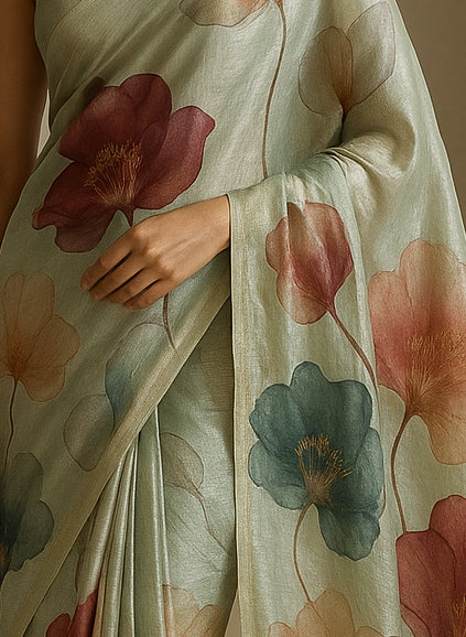 Floral Hand-Printed Pure Tussar Silk Saree FH18