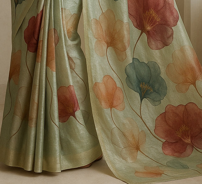 Floral Hand-Printed Pure Tussar Silk Saree FH18