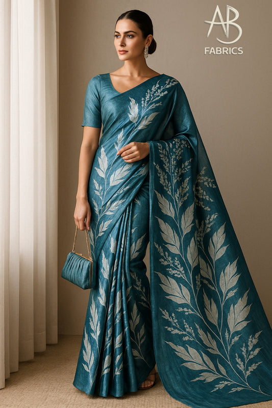 Floral Hand-Printed Pure Tussar Silk Saree FH17