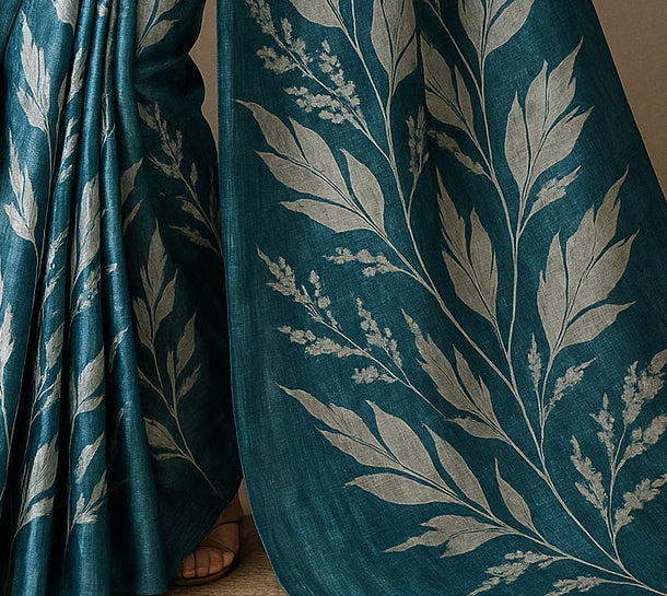 Floral Hand-Printed Pure Tussar Silk Saree FH17