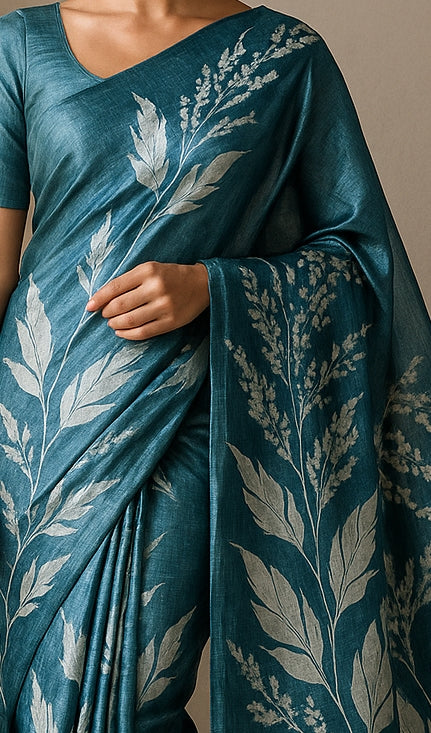 Floral Hand-Printed Pure Tussar Silk Saree FH17