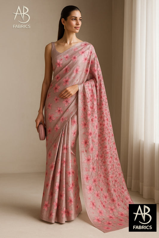 Floral Hand-Printed Pure Tussar Silk Saree FH28