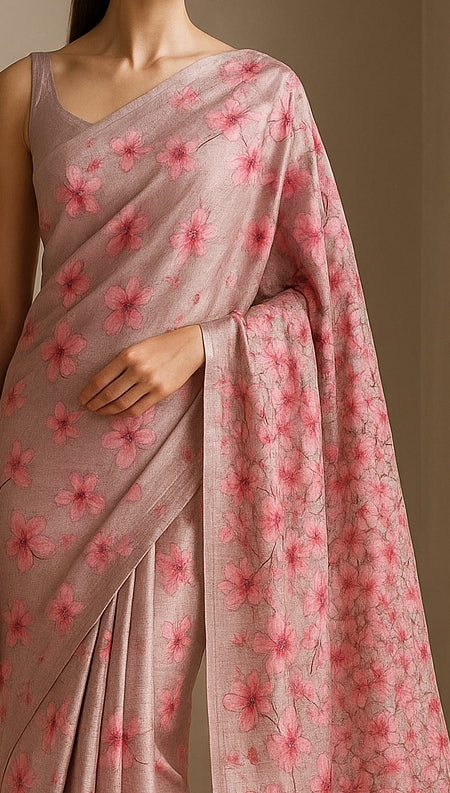 Floral Hand-Printed Pure Tussar Silk Saree FH28