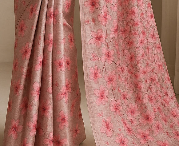 Floral Hand-Printed Pure Tussar Silk Saree FH28