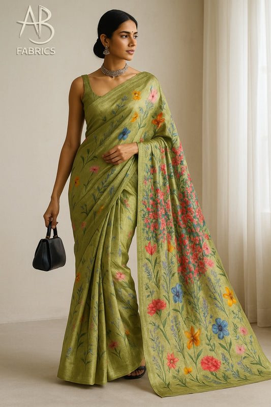 Floral Hand-Printed Pure Tussar Silk Saree FH27