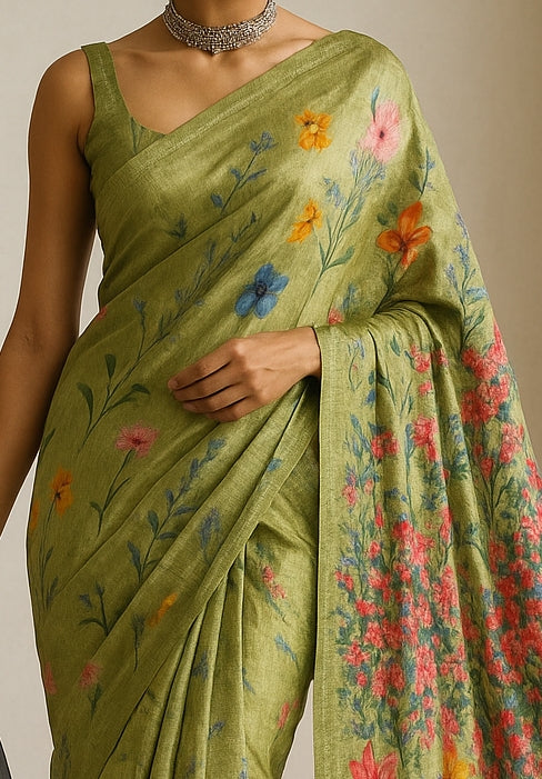 Floral Hand-Printed Pure Tussar Silk Saree FH27
