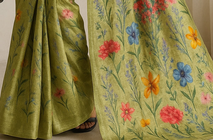 Floral Hand-Printed Pure Tussar Silk Saree FH27