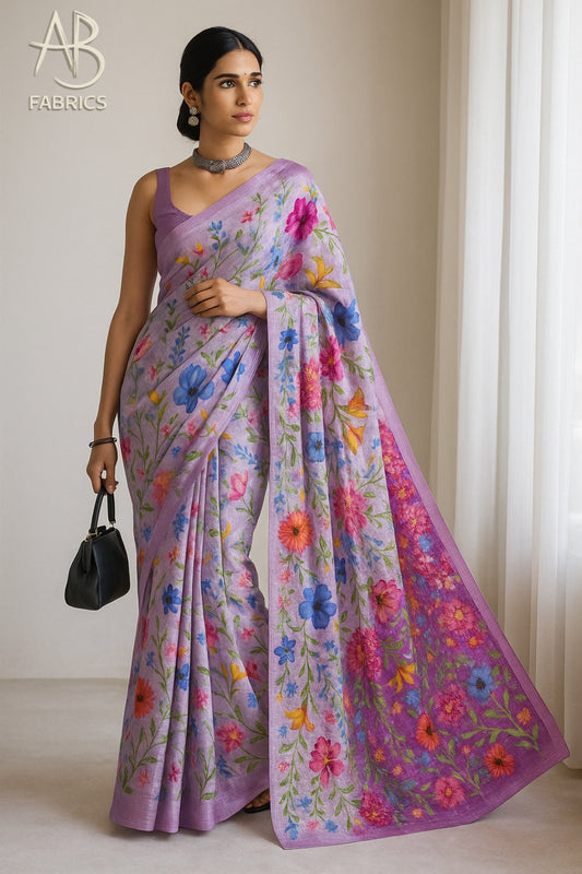 Floral Hand-Printed Pure Tussar Silk Saree FH26